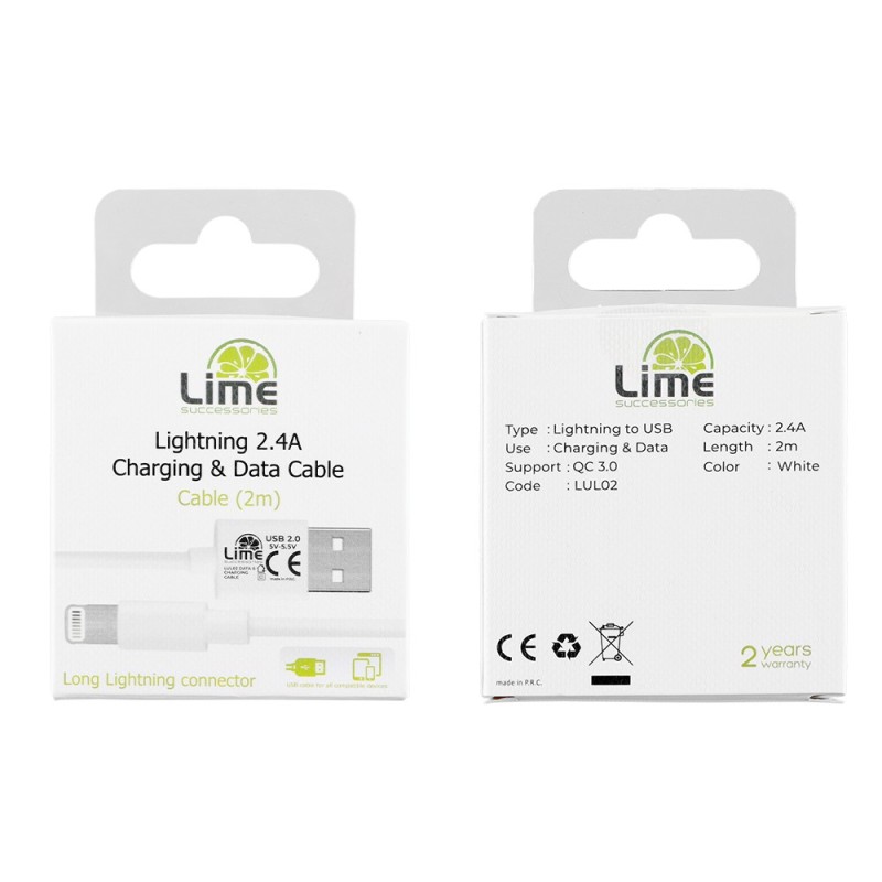 LIME TYPE ΚΑΛΩΔΙΟ ΦΟΡΤΙΣΗΣ - DATA LIGHTNING LONG USB 2.4A 2m WHITE