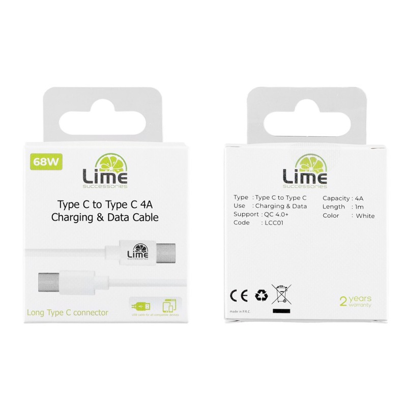 LIME ΚΑΛΩΔΙΟ ΦΟΡΤΙΣΗΣ - DATA TYPE C TO TYPE C LONG 4.0A 1m WHITE